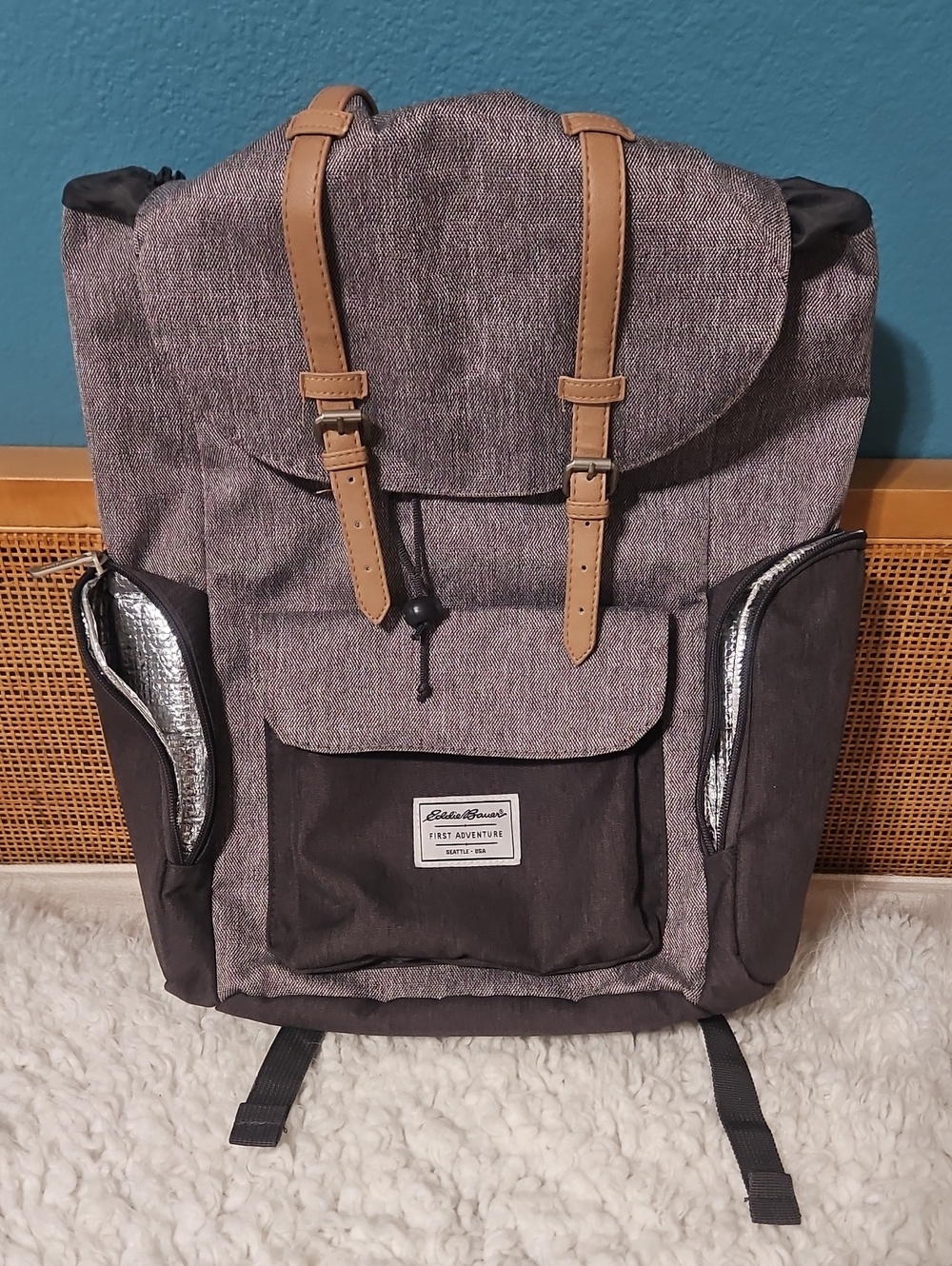Eddie Bauer Gray and Tan Canvas Roll-Top Backpack